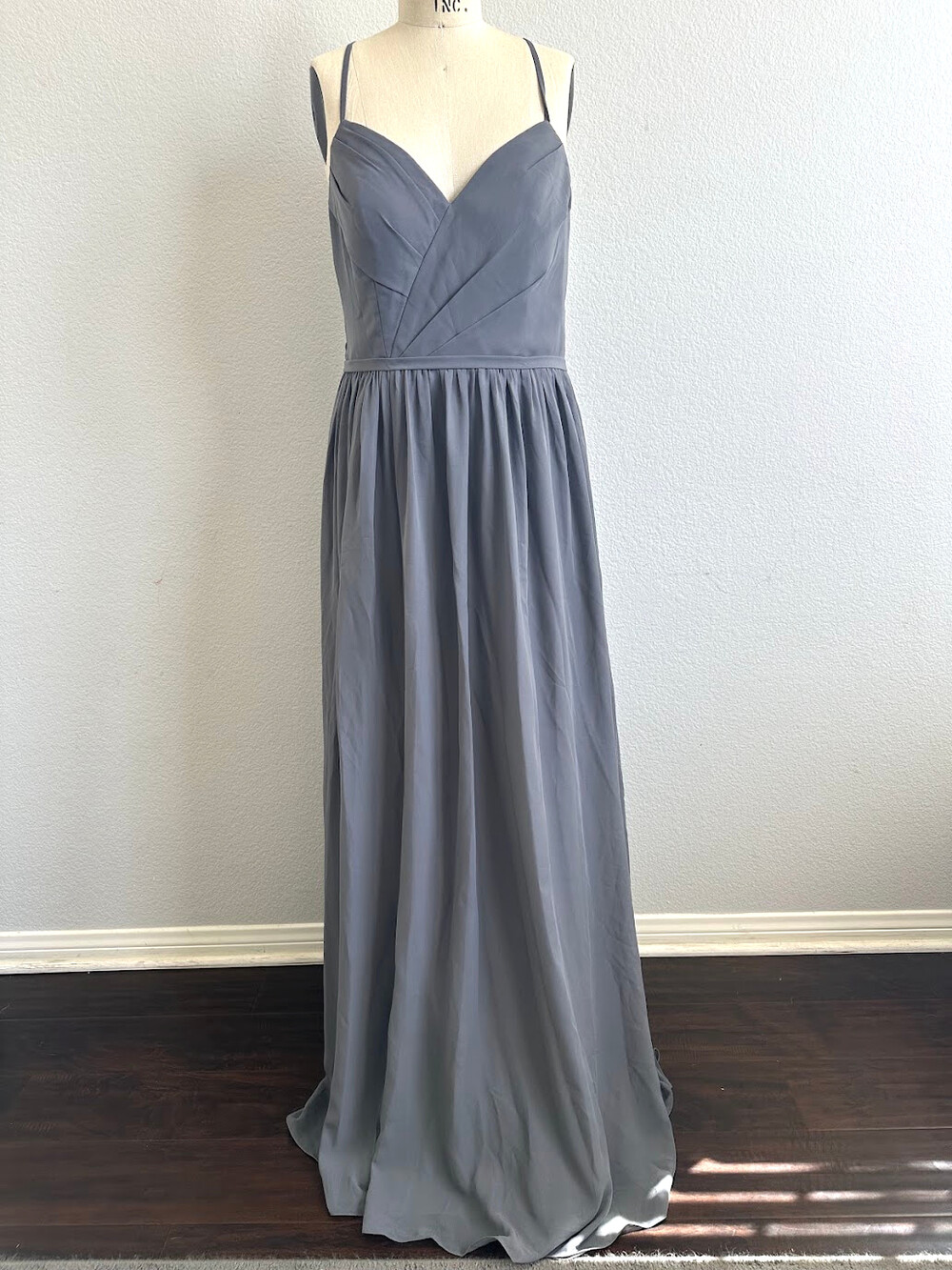 Bridesmaid Gray Chiffon Spaghetti Strap Maxi Dress Pleated Bodice Floor Length